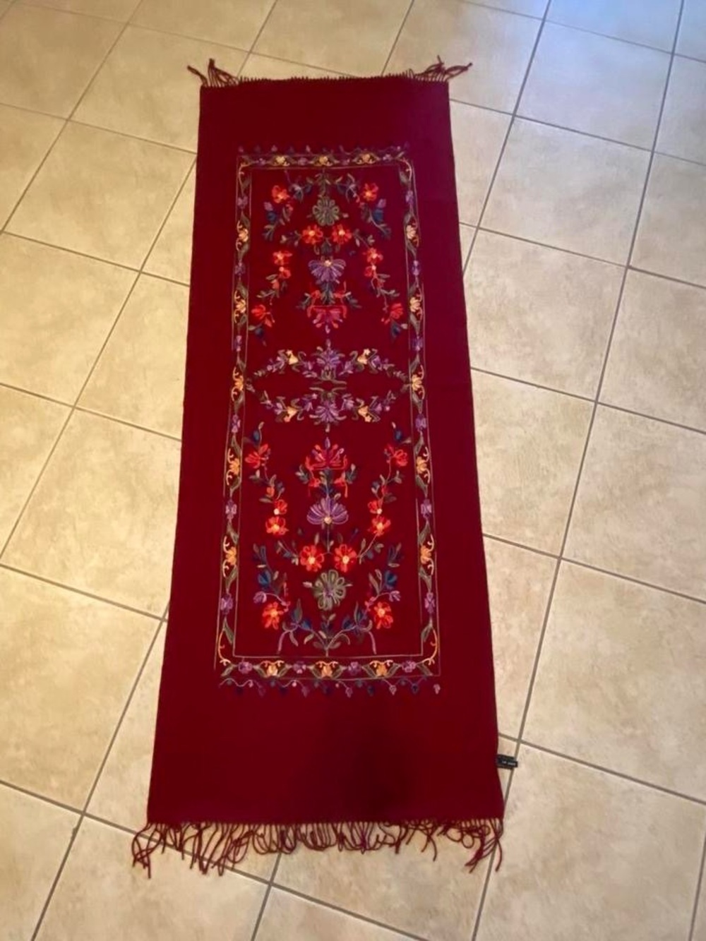 Red full Embroidered Floral Wrap Scarf with fringe